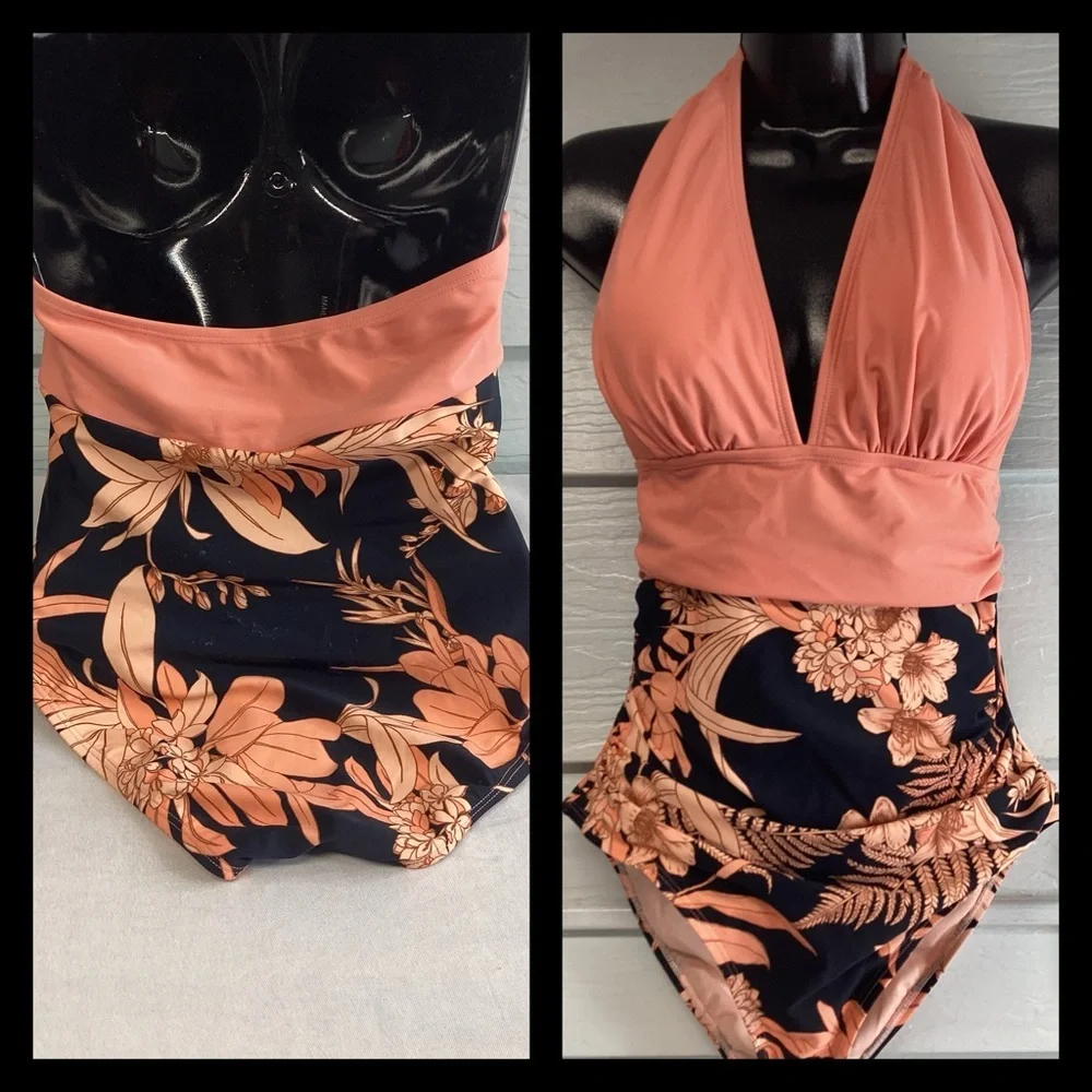 Peach top floral bottom one piece swimsuit.40-M/40-L - Picture 2 of 6